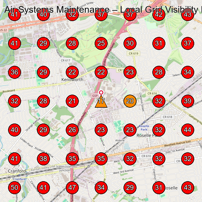 Air Systems Maintenance GeoGrid visibility map for Hvac Contractor in Westfield